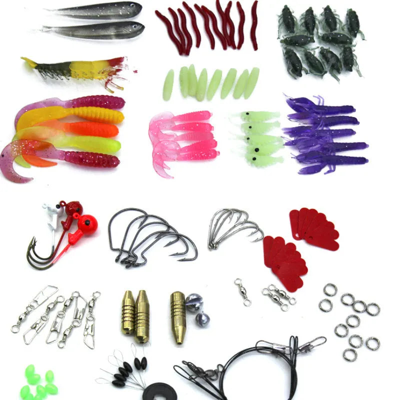132-piece fishing lure set with plastic baits and high carbon steel hooks in rose red colour