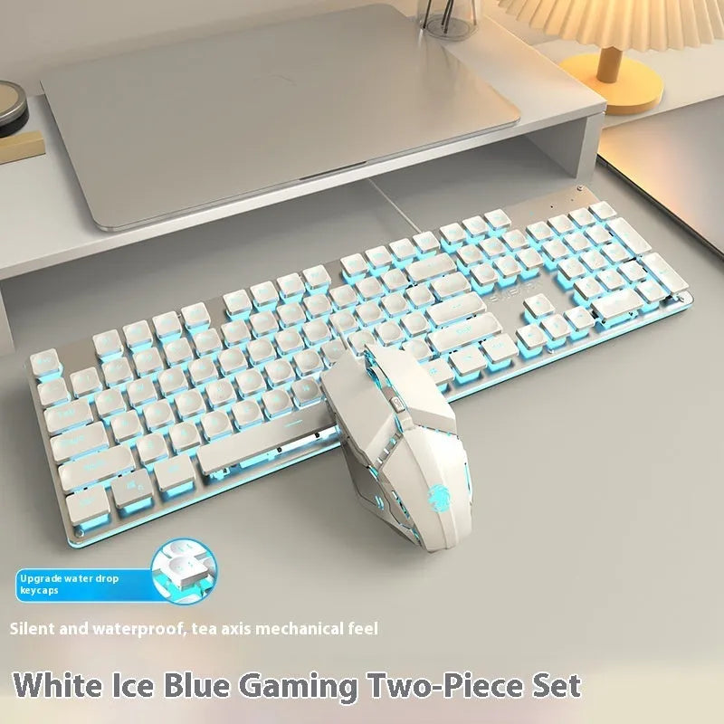 Wired computer keyboard with mute button and blue backlighting on a desk