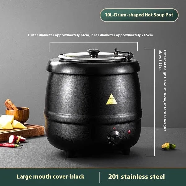 Black stainless steel electric insulation soup pot with steel lid, 10 litre capacity.