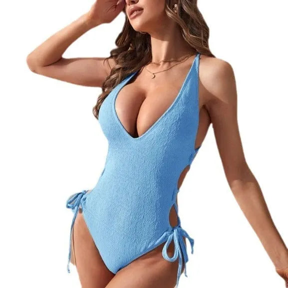 Women's hollow backless tether bikini one-piece swimsuit in solid colour