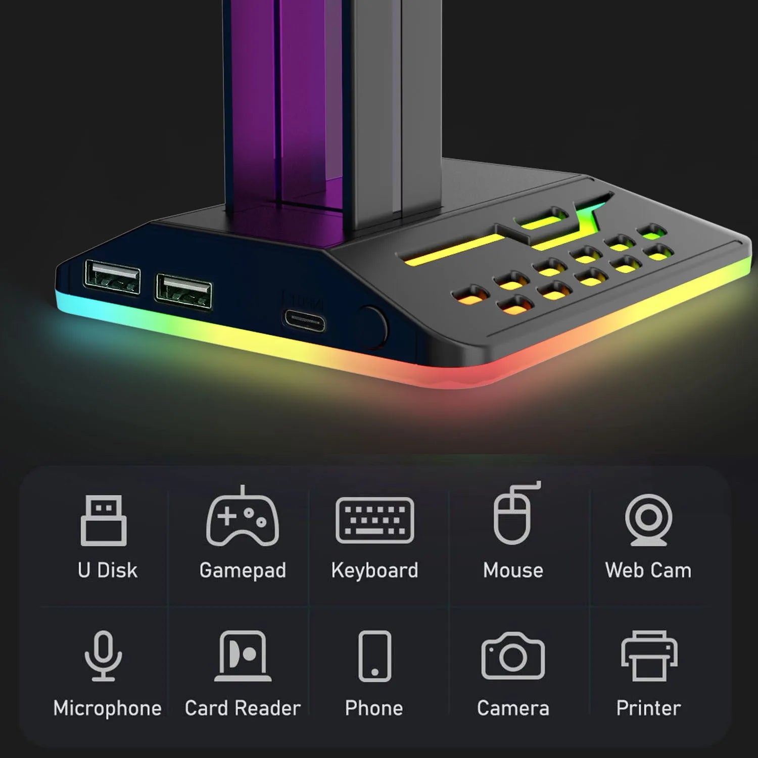 Acrylic RGB headset display stand with dual USB ports and colour-changing lights, holding a pair of headphones.