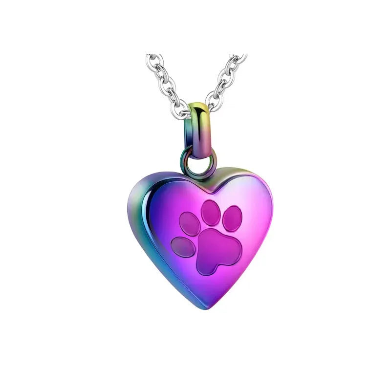 Openable heart casket cremation necklace with paw print design on titanium steel