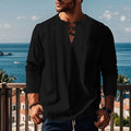 Men's solid colour cotton linen blend beach shirt in loose pullover style shown in army green