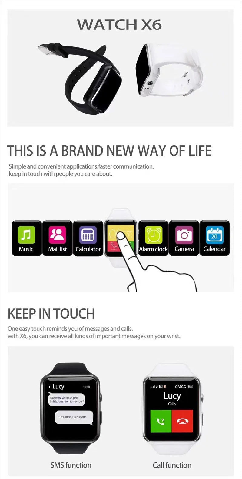 Smart watch with 1.54-inch touch screen and black silicone strap on a wrist