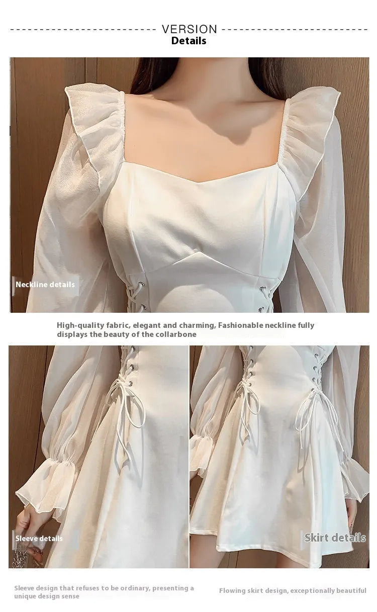 White chiffon patchwork dress with long sleeves and a floor-length skirt on a model, showcasing a slim fit silhouette.