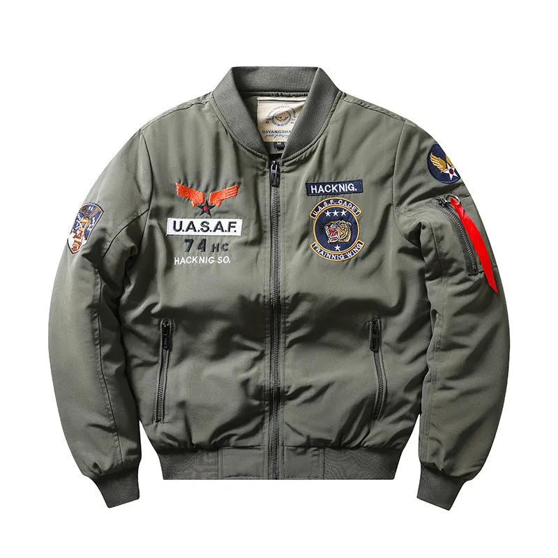 Men's slim-fit black retro motorcycle jacket with stand collar and embroidery.