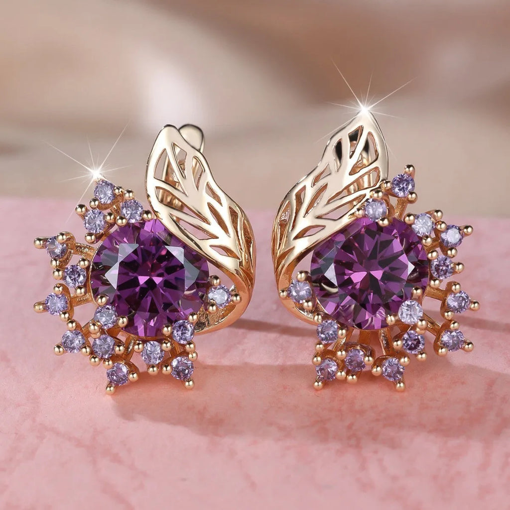 Round flower feather zircon drop earrings in champagne gold with six colour options