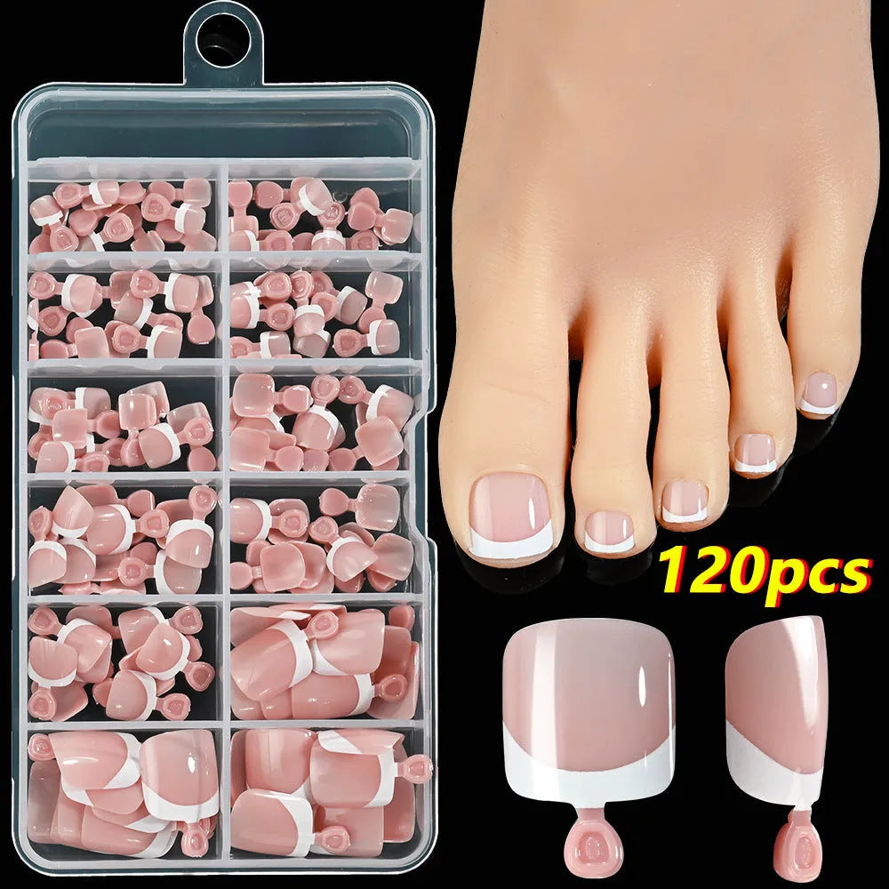 French white edge feet nude full square short artificial nail pieces 120pc boxed set showing multiple nude colour shades