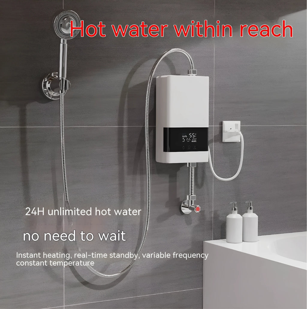 Small constant temperature water heater with LED touch screen display in gold, silver, or white finish