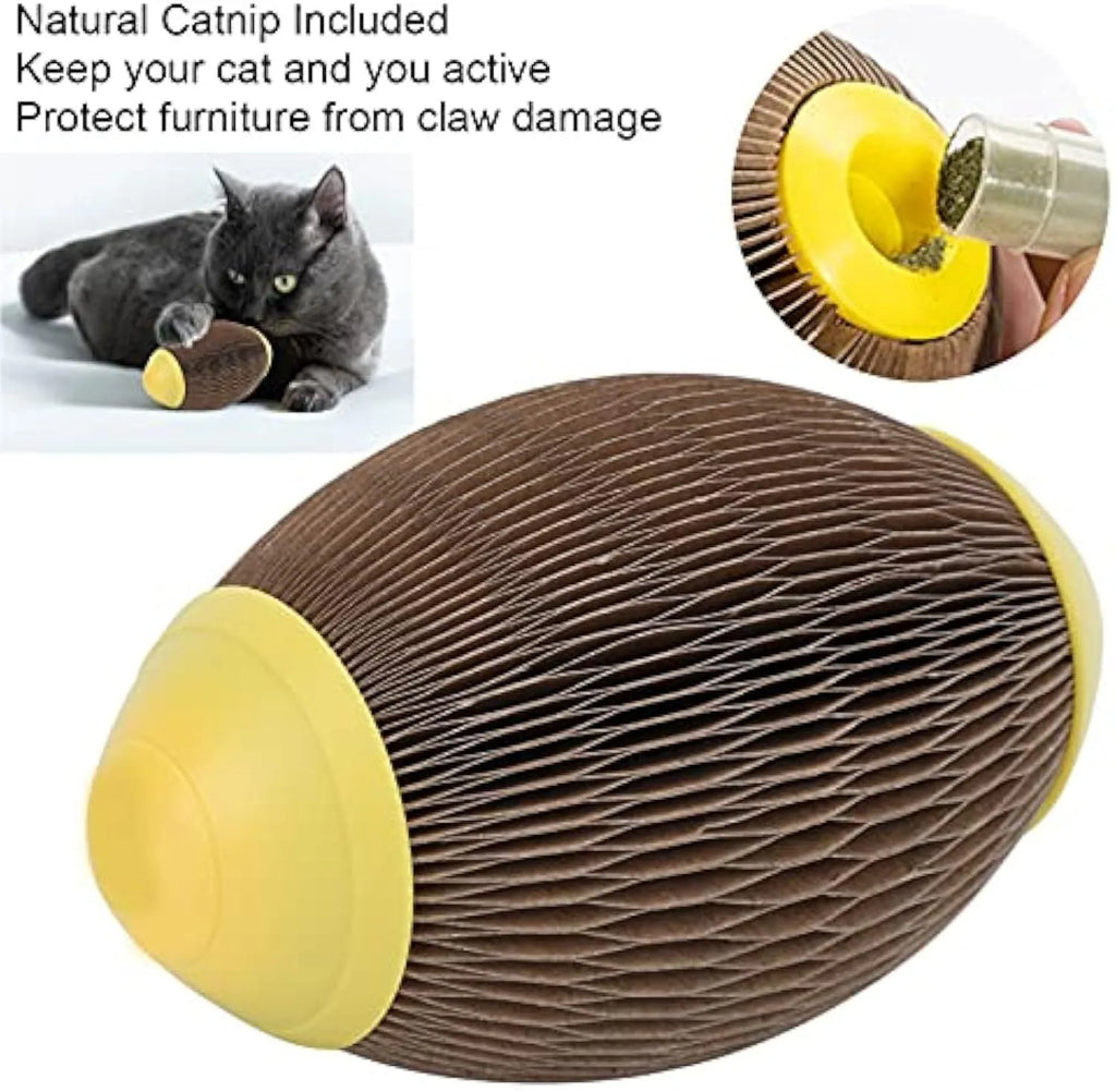 Ellipse-shaped corrugated paper catnip ball scratch toy for cats on a plain background