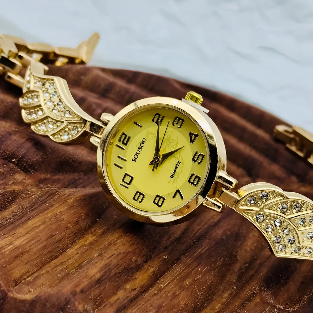 Stainless steel women's watch with round dial and Vachette clasp, shown in gold surface colour option