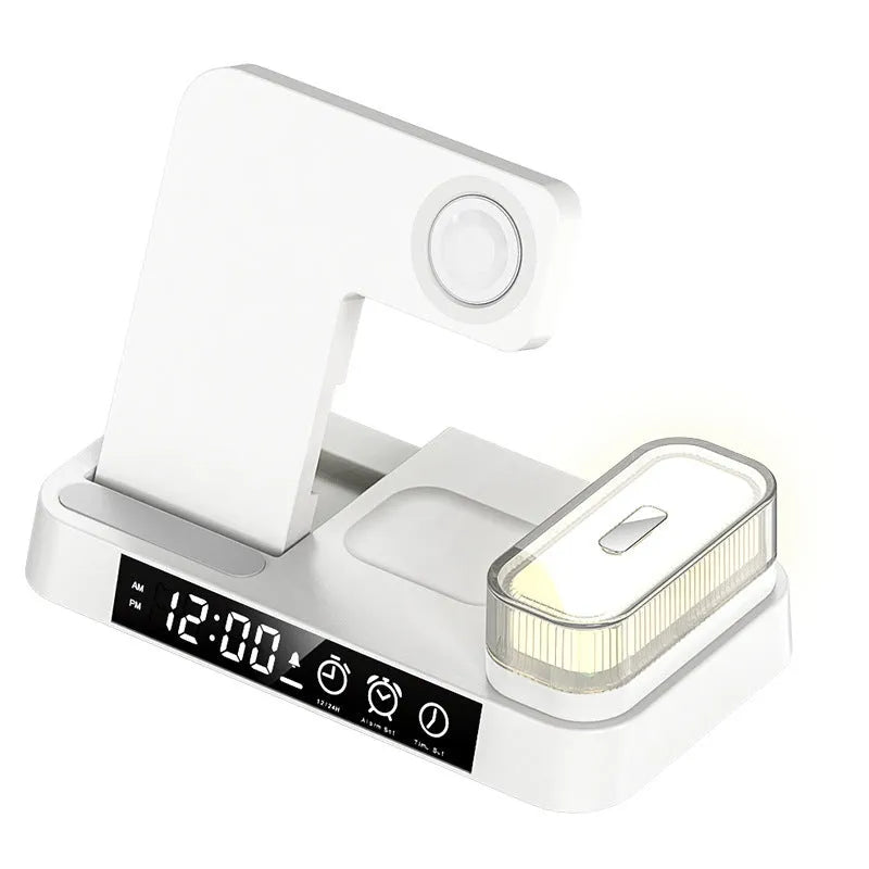 White foldable wireless charging station showing phone charging pad, watch charger, alarm clock display and RGB night light