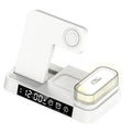 White foldable wireless charging station showing phone charging pad, watch charger, alarm clock display and RGB night light