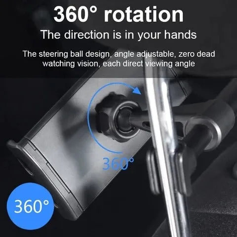 Black car phone holder mounted on vehicle rear seat base with tablet device secured in place