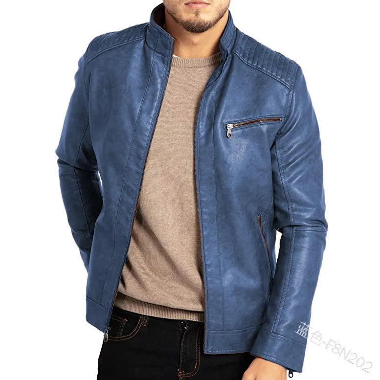 Men's brown punk-style artificial leather motorcycle jacket with a stand collar and patch pockets.
