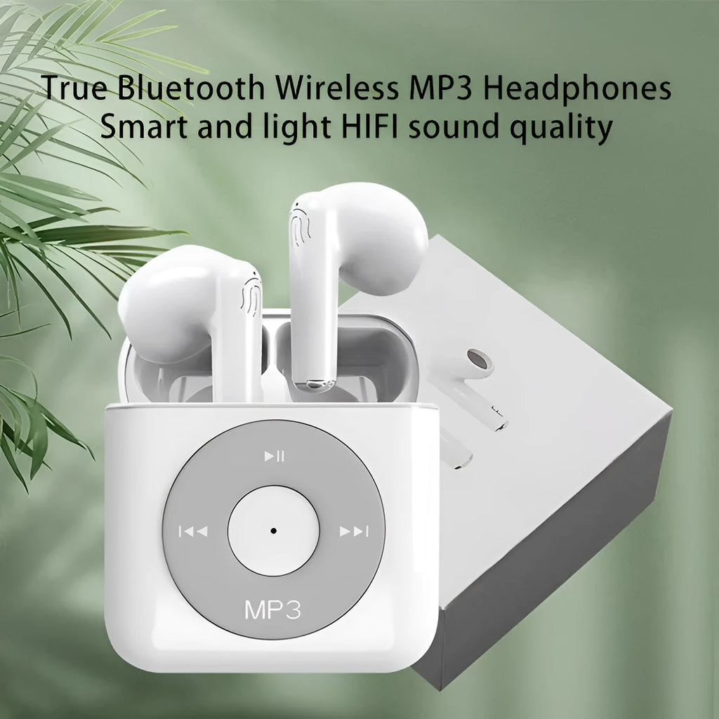 White wireless Bluetooth earphones with charging case on a white background.