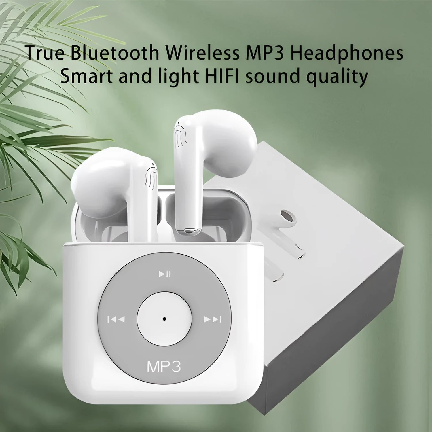 White wireless Bluetooth earphones with charging case on a white background.