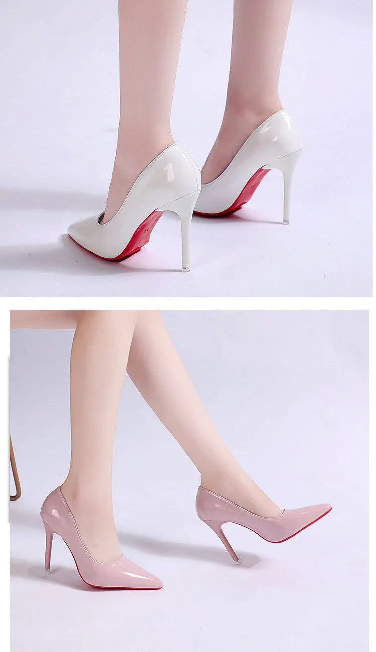 Women's solid colour stiletto heel pumps with pointed toe and shallow mouth opening