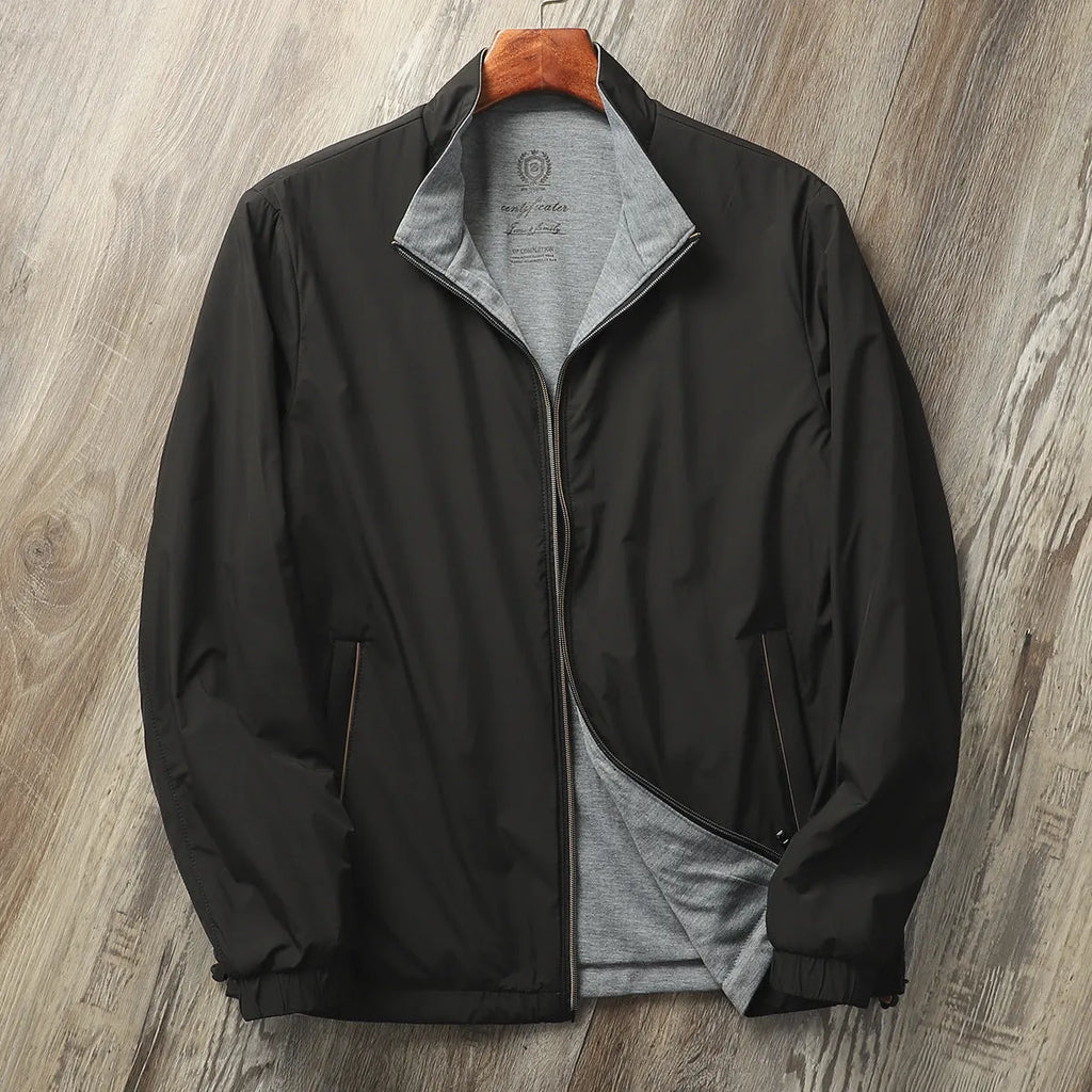 Men's stand collar business casual jacket in polyester cotton blend fabric showing regular fit and standard sleeves