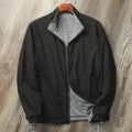 Men's stand collar business casual jacket in polyester cotton blend fabric showing regular fit and standard sleeves
