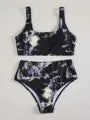Women's marble tie-dye high-waist bikini set with U-neck top for swimming sports