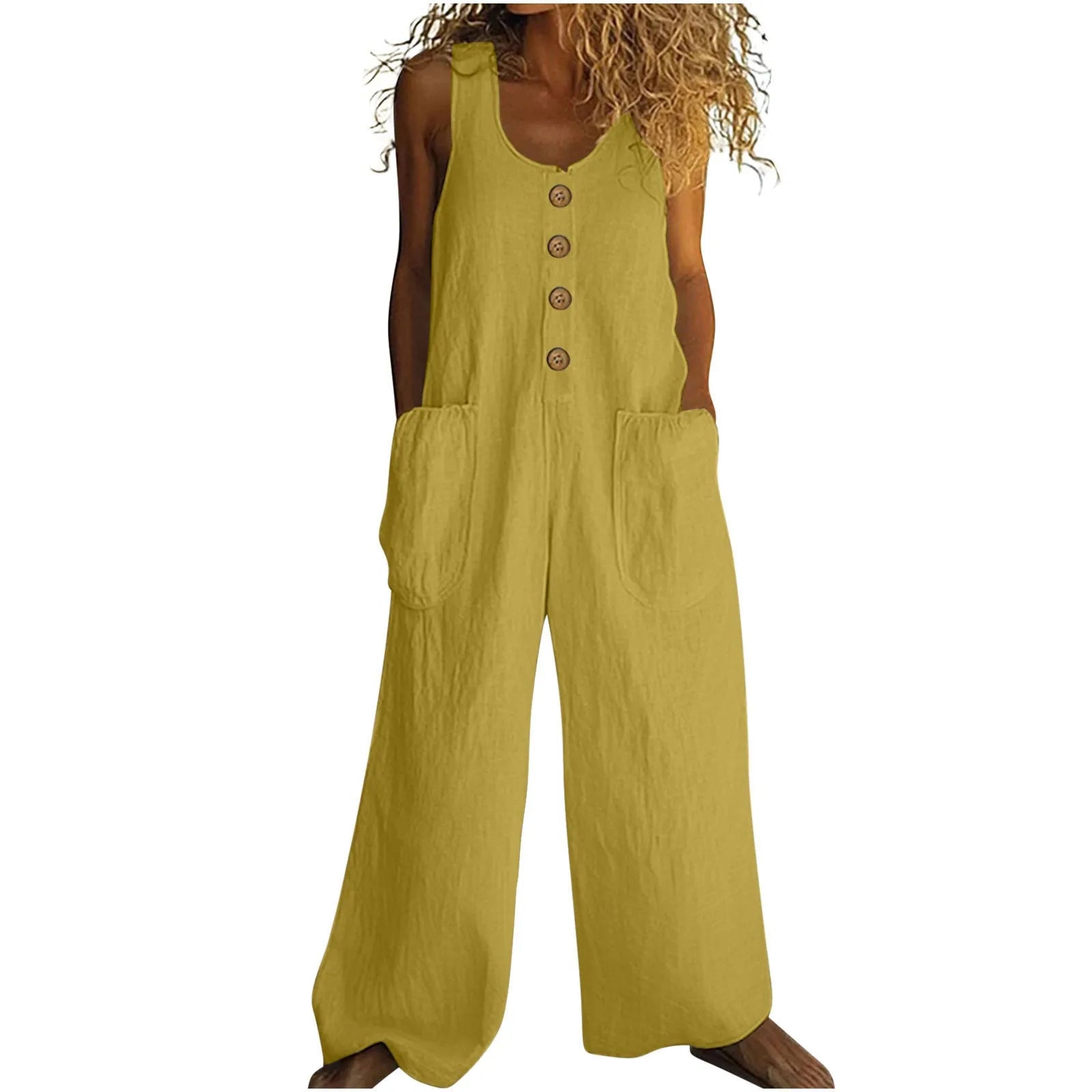 Sleeveless cotton jumpsuit with wide leg trousers in art retro styling with pocket details