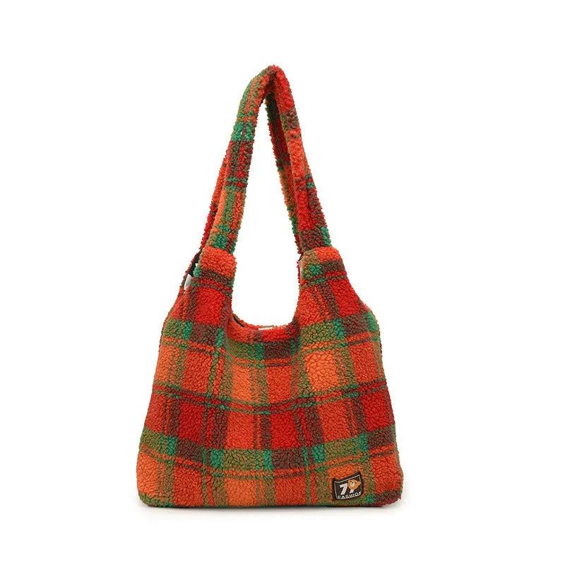 Women's soft plush plaid shoulder crossbody tote bag with large capacity