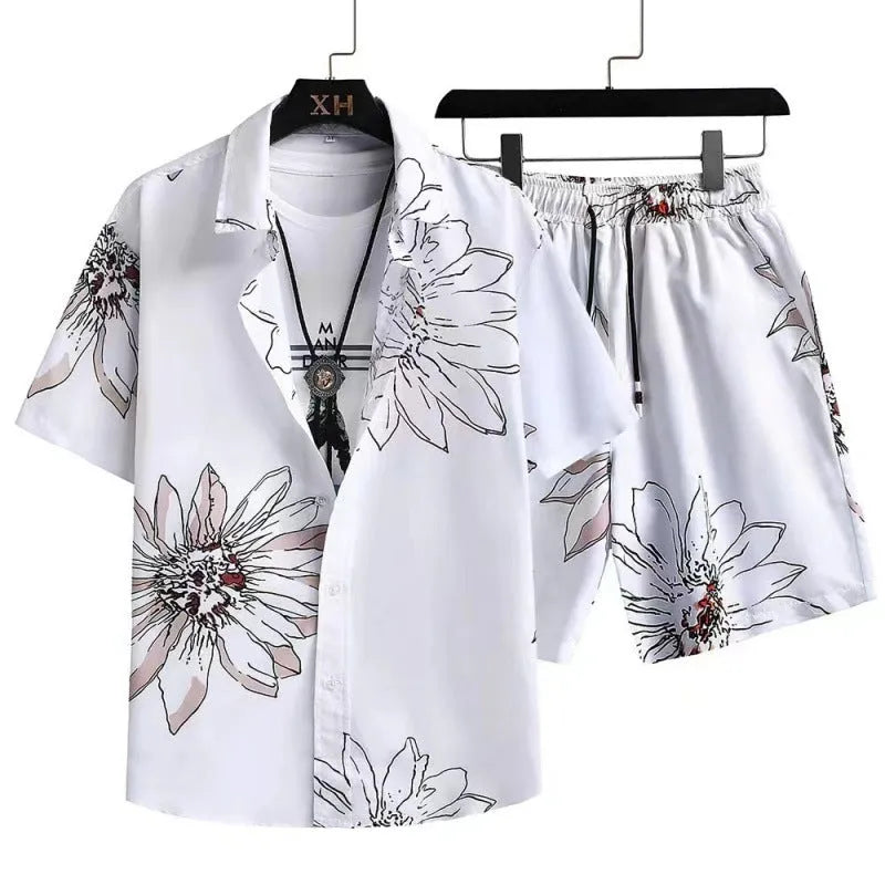 Man wearing a digitally printed short-sleeve cardigan and matching shorts from a casual suit set.