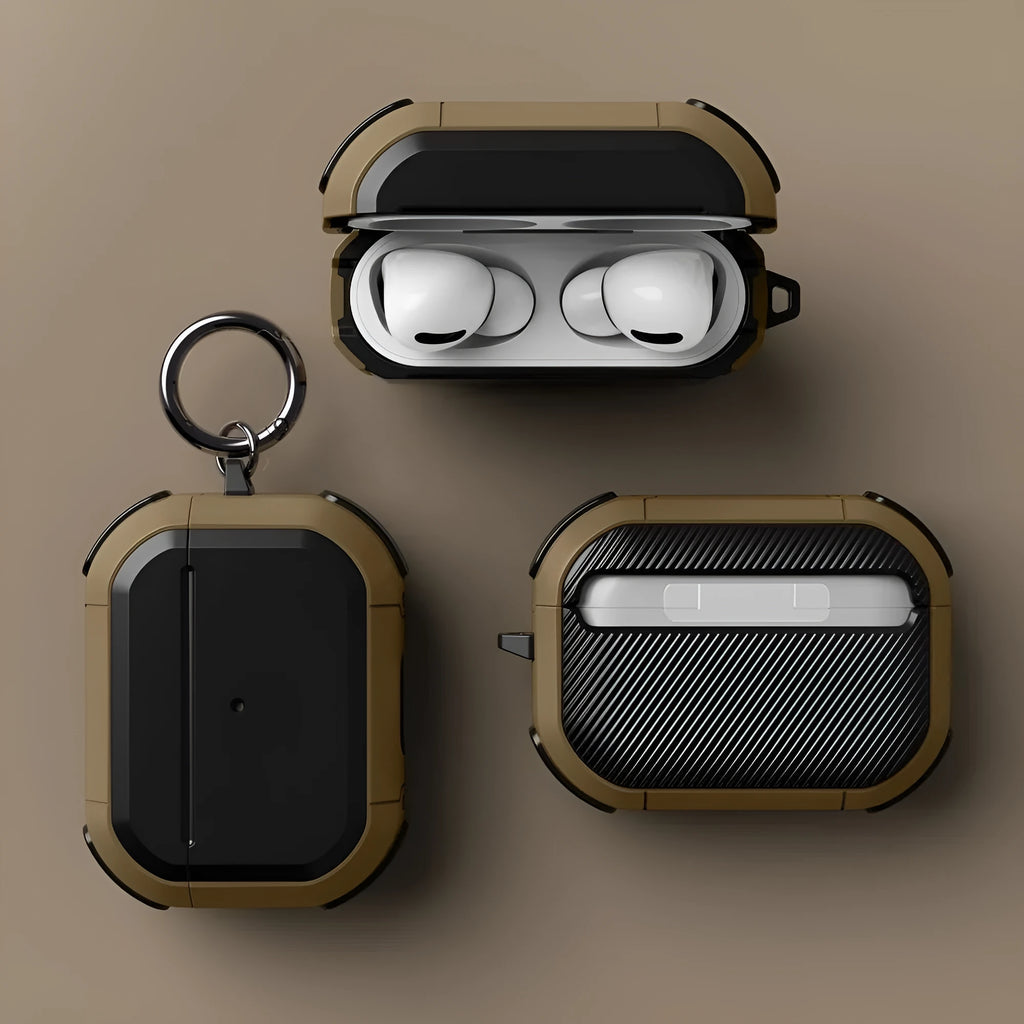 Black AirPods Pro protective shell case made from TPU and PC material shown next to an open case.