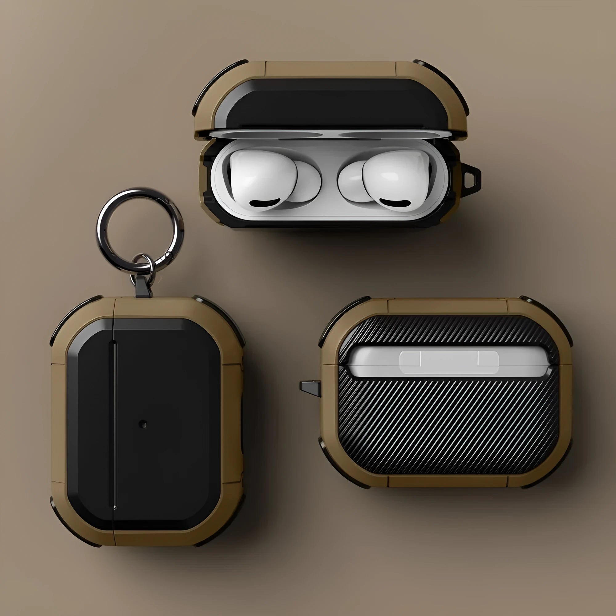 Black AirPods Pro protective shell case made from TPU and PC material shown next to an open case.