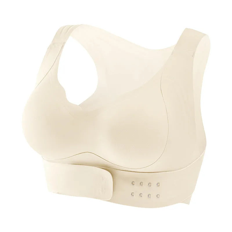 Women's black cross-back sports bra with a front buckle closure and moulded cups.