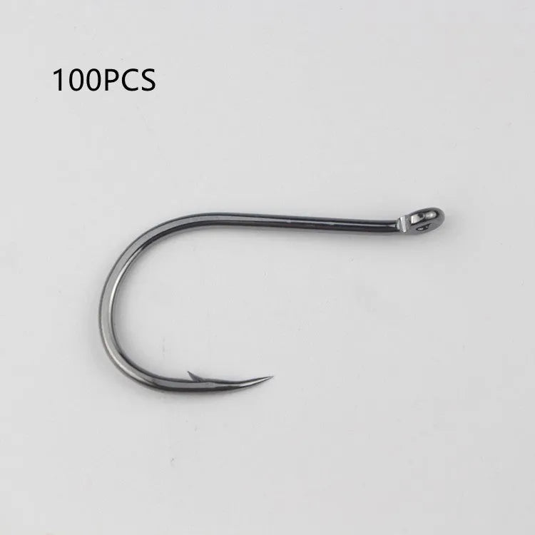 Bulk pack of barbed fishing hooks with crooked mouth and hole ring in alloy carbon steel.