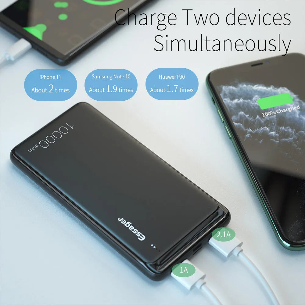 Essager Jane 10000mAh portable power bank in black or white with Type-C and Micro USB ports