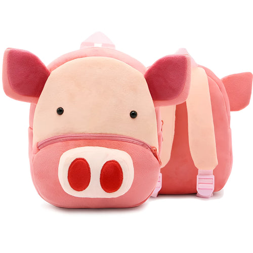 Soft plush children's backpack in cartoon animal design, shown with zipper open, dimensions 26cm by 24cm.