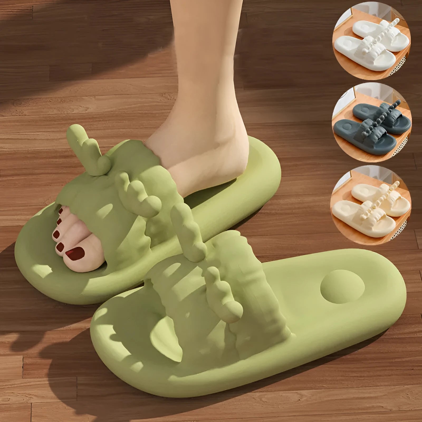 Women's deer horn design flip flop slippers in light yellow EVA material with hollow-out pattern.