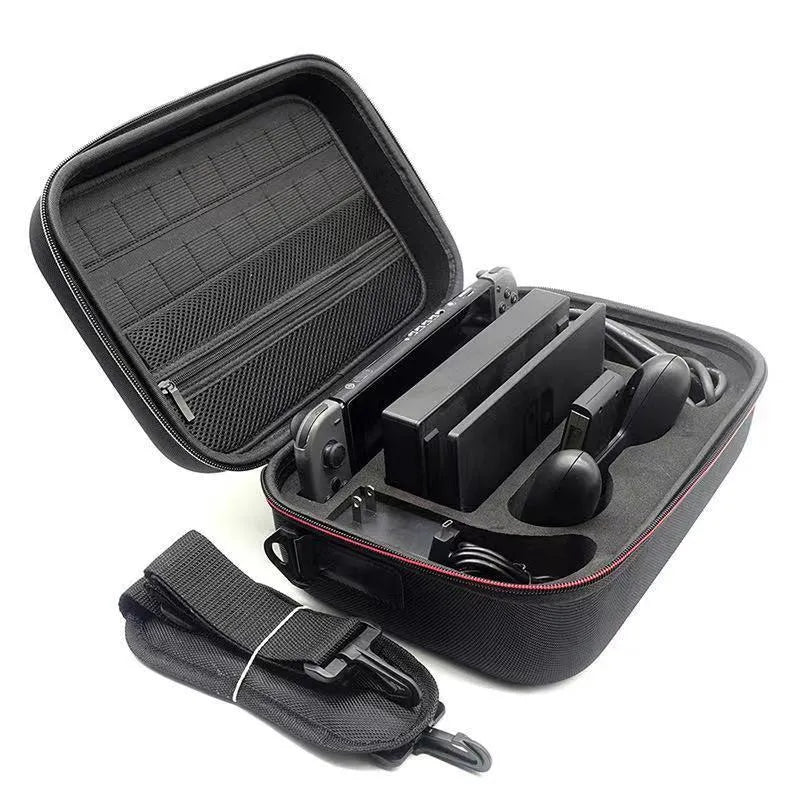 Black EVA game console accessory storage bag showing two size options for controllers and cables.