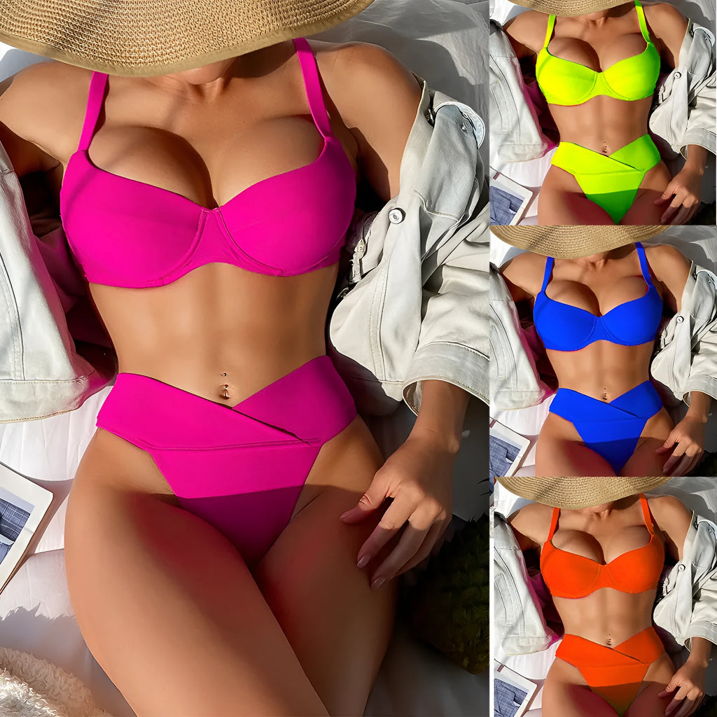 Women's solid colour nylon bikini swimsuit in a briefs style, shown in a fluorescent pink colour.
