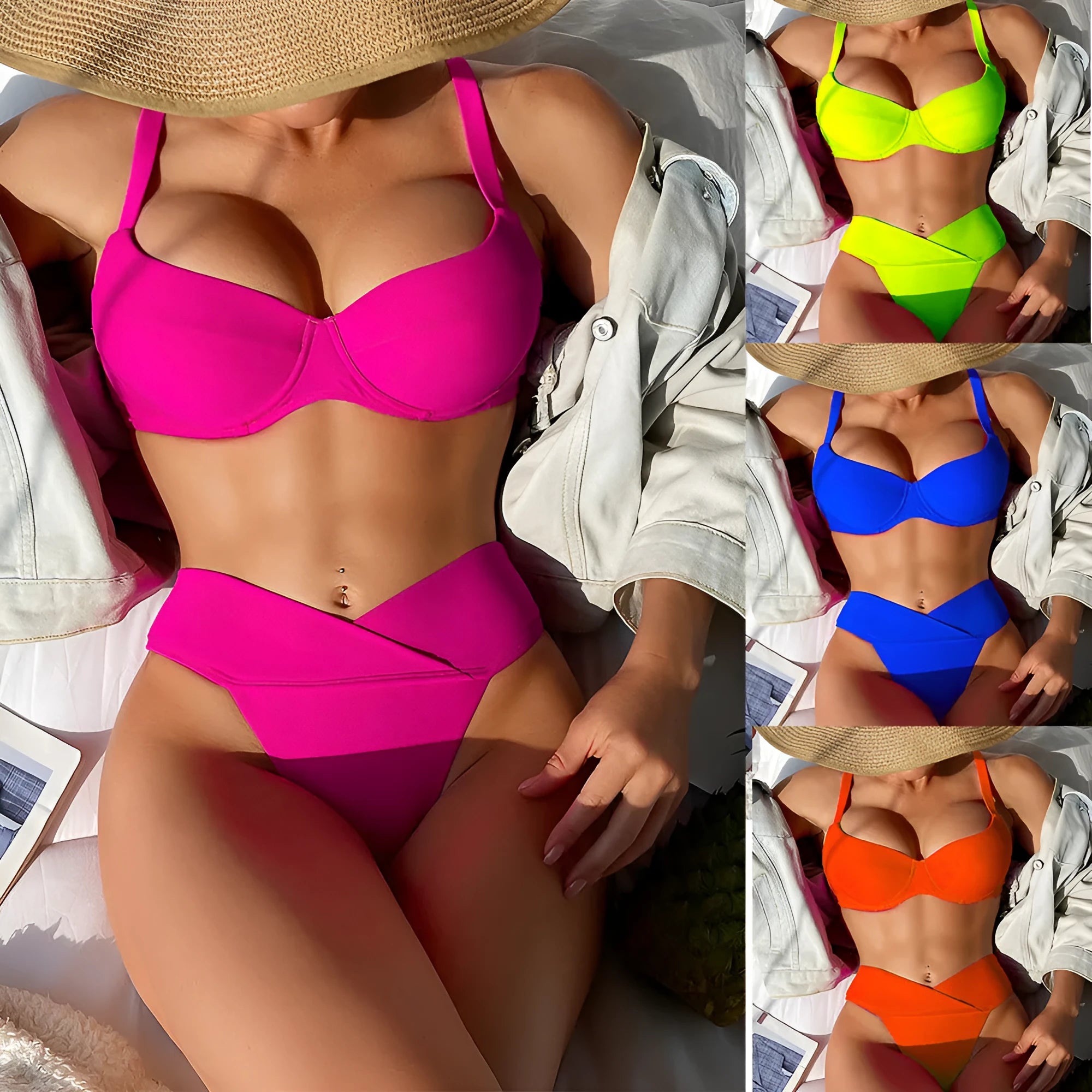 Women's solid colour nylon bikini swimsuit in a briefs style, shown in a fluorescent pink colour.