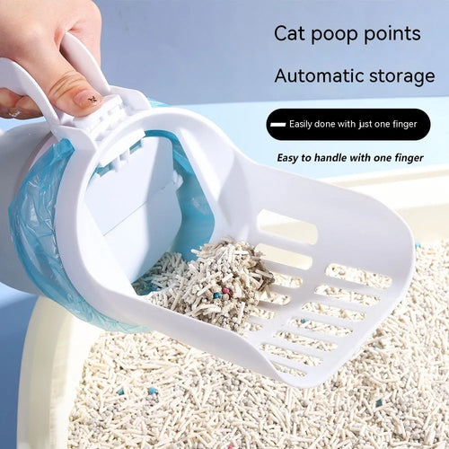 Grey foldable cat litter scoop and bin system with non-slip handle next to a litter box.