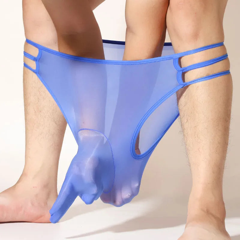Men's transparent elephant nose shorts in nylon fabric showing mid-waist design and free size fit