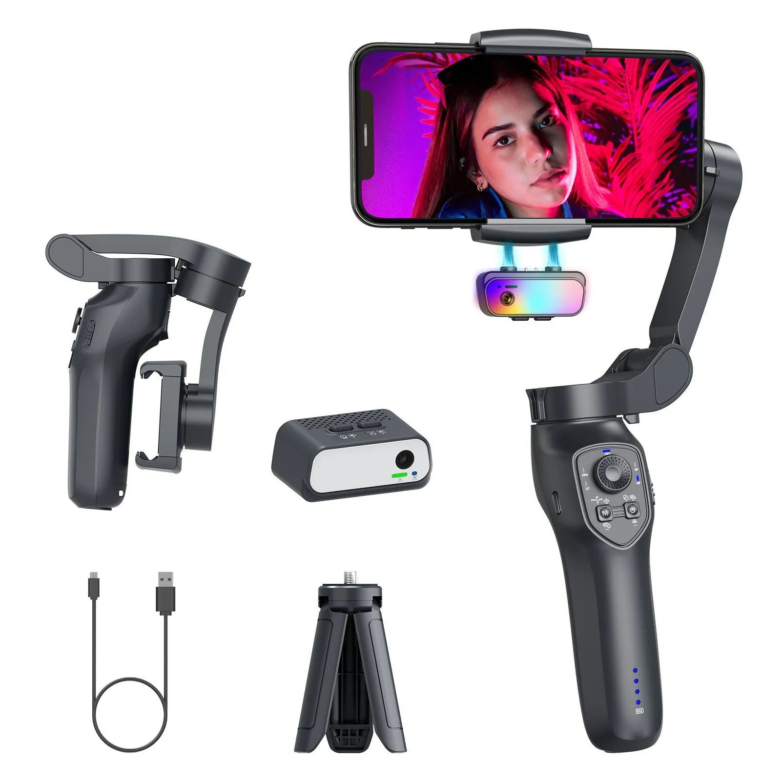 Foldable handheld smartphone gimbal stabiliser in gun colour with extended tripod legs