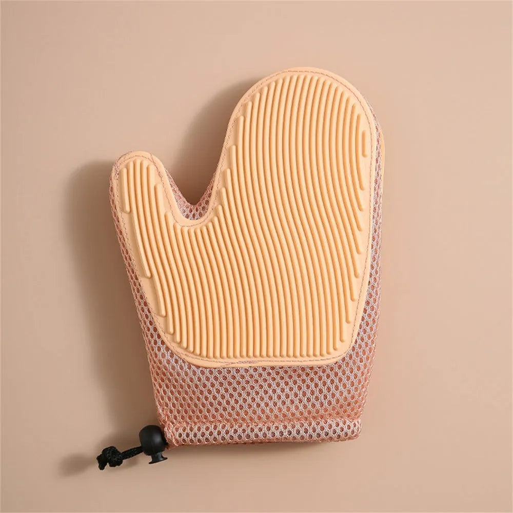 Dark blue pet hair remover glove with mesh and TPR material for grooming cats and dogs.