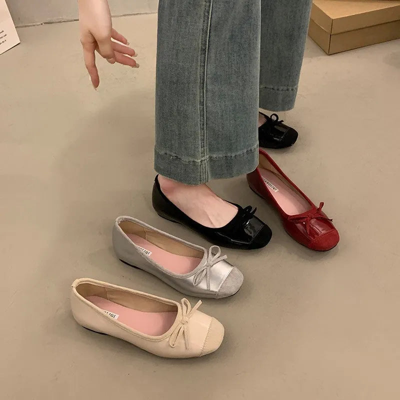 Women's wine red Mary Jane flat shoes with bow detail and square toe