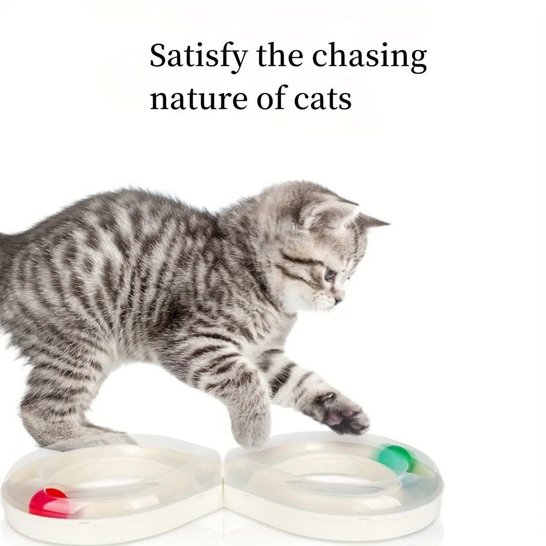 Blue interactive cat toy with turntable track ball system and teasing stick for self-play and owner interaction
