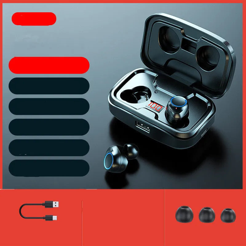 Wireless Bluetooth 5.0 in-ear earphones in black, blue or red colours with earplug-type design