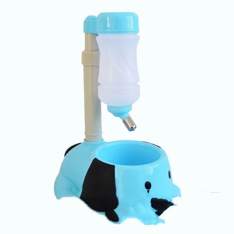Adjustable rod lifting pet drinking bowl in blue colour showing height mechanism