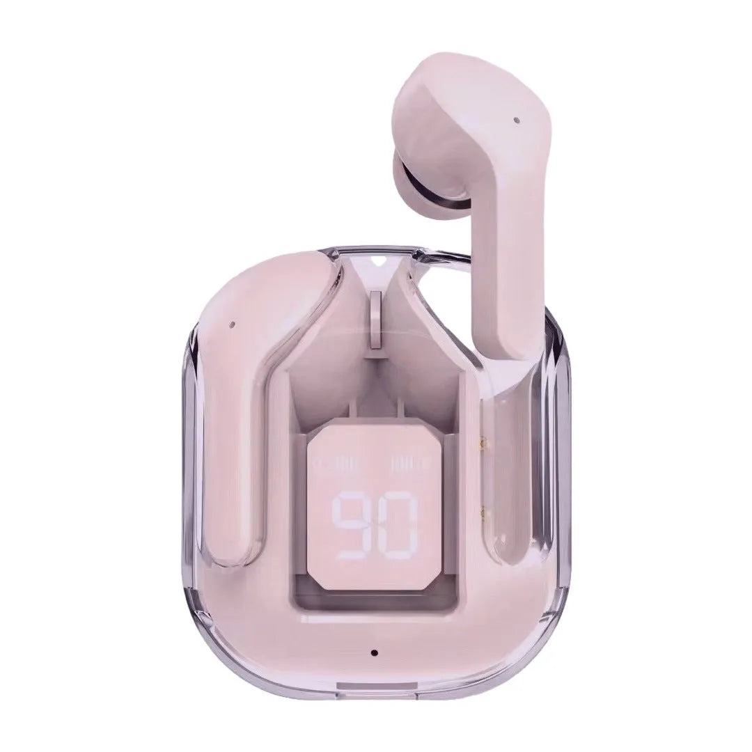 True wireless Bluetooth earphones with transparent space capsule charging case showing digital display screen