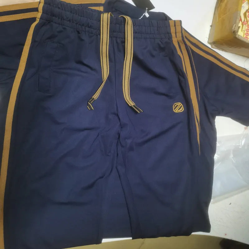 Men's blue ice silk style short sleeve suit set with matching trousers on a hanger