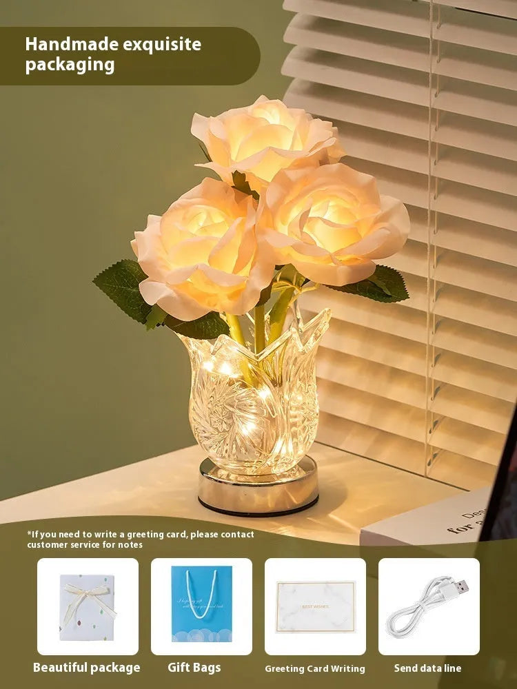 Crystal flowers decorative touch table lamp with USB charging cable on wooden bedside table