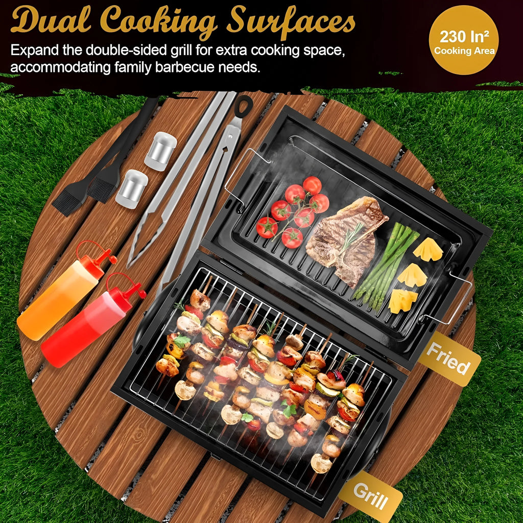 Small foldable charcoal barbecue stove with grill attachment on desktop
